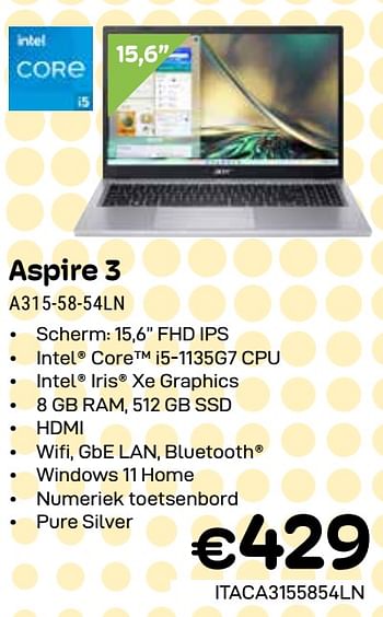 Promoties Acer aspire 3 a315-58-54ln - Acer - Geldig van 01/04/2024 tot 30/04/2024 bij Compudeals