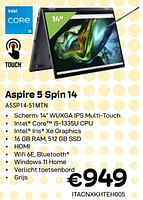 Promoties Acer aspire 5 spin 14 a5sp14-51mtn - Acer - Geldig van 01/04/2024 tot 30/04/2024 bij Compudeals