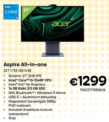 Promoties Acer aspire all-in-one s27-1755 i5616 be - Acer - Geldig van 01/04/2024 tot 30/04/2024 bij Compudeals