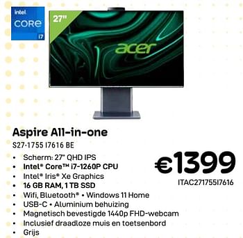 Promoties Acer aspire all-in-one s27-1755 i7616 be - Acer - Geldig van 01/04/2024 tot 30/04/2024 bij Compudeals