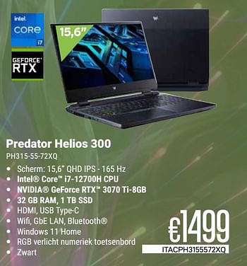 Promoties Acer predator helios 300 ph315-55-72xq - Acer - Geldig van 01/04/2024 tot 30/04/2024 bij Compudeals