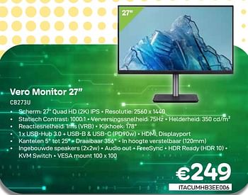 Promotions Acer vero monitor 2711 cb273u - Acer - Valide de 01/04/2024 à 30/04/2024 chez Compudeals