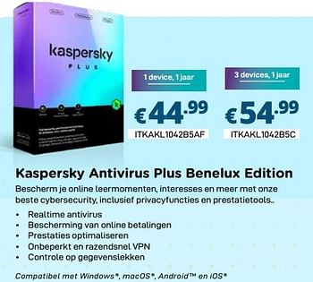 Promotions Kaspersky antivirus plus benelux edition 1 device, 1 jaar - Kaspersky - Valide de 01/04/2024 à 30/04/2024 chez Compudeals