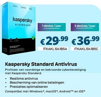 Promoties Kaspersky standard antivirus 1 device, 1 jaar - Kaspersky - Geldig van 01/04/2024 tot 30/04/2024 bij Compudeals