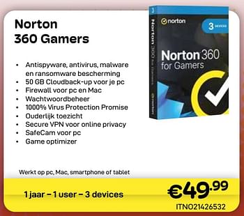 Promoties Norton 360 gamers - Norton - Geldig van 01/04/2024 tot 30/04/2024 bij Compudeals