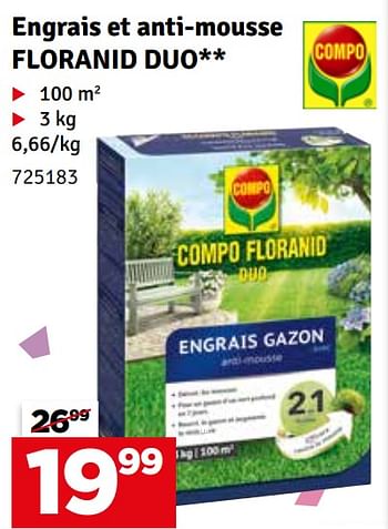 Promotions Engrais et anti mousse floranid duo - Compo - Valide de 02/04/2024 à 21/04/2024 chez Mr. Bricolage