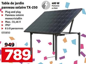 Promoties Table de jardin panneau solaire tx 250 - Huismerk - Mr. Bricolage - Geldig van 02/04/2024 tot 21/04/2024 bij Mr. Bricolage
