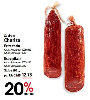 Promotions Chorizo extra zacht - Subirats - Valide de 04/04/2024 à 22/04/2024 chez Sligro