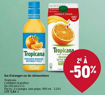 Promotions Oranges, sans pulpe - Tropicana - Valide de 04/04/2024 à 10/04/2024 chez Delhaize