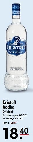 Promotions Vodka original - Eristoff - Valide de 04/04/2024 à 22/04/2024 chez Sligro