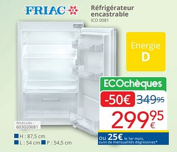 Promoties Friac réfrigérateur encastrable ico 0081 - Friac - Geldig van 01/04/2024 tot 30/04/2024 bij Eldi