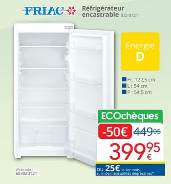 Promoties Friac réfrigérateur encastrable ico 0121 - Friac - Geldig van 01/04/2024 tot 30/04/2024 bij Eldi