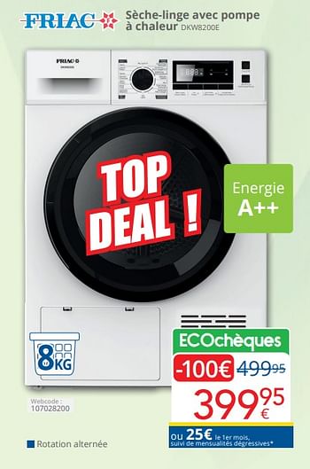 Promoties Friac sèche-linge avec pompe à chaleur dkw8200e - Friac - Geldig van 01/04/2024 tot 30/04/2024 bij Eldi