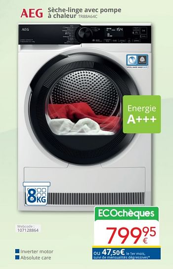 Promoties Aeg sèche-linge avec pompe à chaleur tr88a64c - AEG - Geldig van 01/04/2024 tot 30/04/2024 bij Eldi
