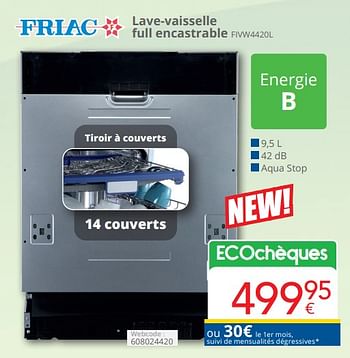 Promoties Friac lave-vaisselle full encastrable fivw4420l - Friac - Geldig van 01/04/2024 tot 30/04/2024 bij Eldi