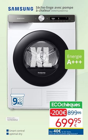 Promoties Samsung sèche-linge avec pompe à chaleur dv90t5240at-s2 - Samsung - Geldig van 01/04/2024 tot 30/04/2024 bij Eldi