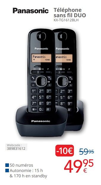 Promoties Panasonic téléphone sans fil duo kx-tg1612blh - Panasonic - Geldig van 01/04/2024 tot 30/04/2024 bij Eldi