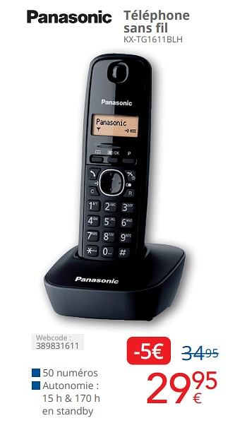 Promoties Panasonic téléphone sans fil kx-tg1611blh - Panasonic - Geldig van 01/04/2024 tot 30/04/2024 bij Eldi