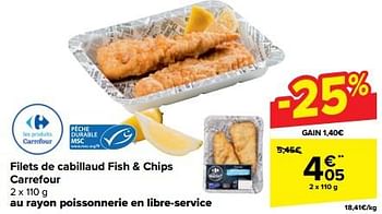 Promotions Filets de cabillaud fish + chips carrefour - Produit maison - Carrefour  - Valide de 03/04/2024 à 15/04/2024 chez Carrefour