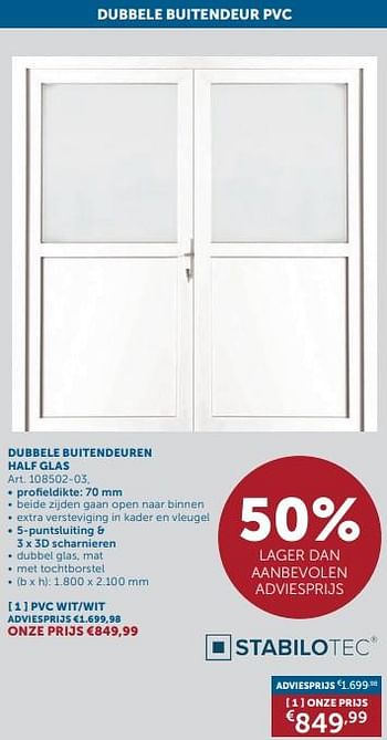 Promotions Buitendeur halfglas dubbel - Stabilotec - Valide de 26/03/2024 à 22/04/2024 chez Zelfbouwmarkt