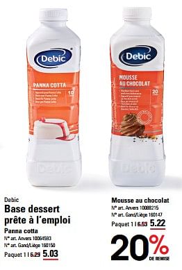 Promoties Base dessert prête à l’emploi panna cotta - Debic - Geldig van 04/04/2024 tot 22/04/2024 bij Sligro