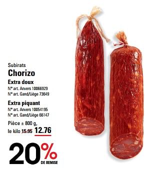 Promotions Chorizo extra doux - Subirats - Valide de 04/04/2024 à 22/04/2024 chez Sligro