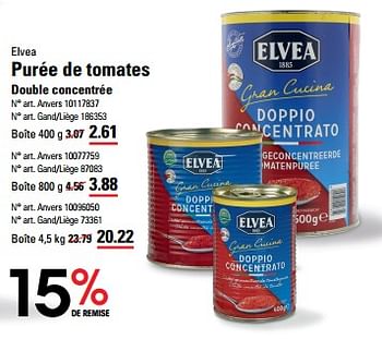 Promoties Purée de tomates double concentrée - Elvea - Geldig van 04/04/2024 tot 22/04/2024 bij Sligro