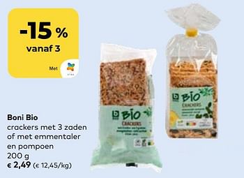 Promotions Boni bio crackers met 3 zaden of met emmentaler en pompoen - Boni - Valide de 27/03/2024 à 23/04/2024 chez Bioplanet