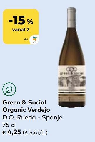 Promoties Green + social organic verdejo d.o. rueda - Witte wijnen - Geldig van 27/03/2024 tot 23/04/2024 bij Bioplanet