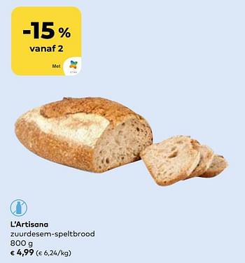 Promoties L`artisana zuurdesem-speltbrood - L'Artisana - Geldig van 27/03/2024 tot 23/04/2024 bij Bioplanet