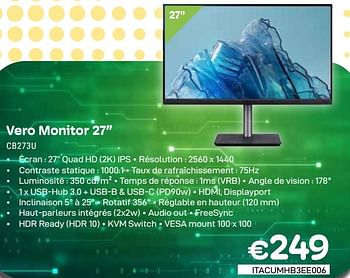 Promoties Acer vero monitor 27`` cb273u - Acer - Geldig van 01/04/2024 tot 30/04/2024 bij Compudeals