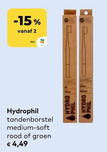Promotions Hydrophil tandenborstel medium soft rood of groen - Hydrophil - Valide de 27/03/2024 à 23/04/2024 chez Bioplanet