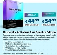 Promotions Kaspersky antivirus plus benelux edition - Kaspersky - Valide de 01/04/2024 à 30/04/2024 chez Compudeals