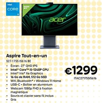 Promoties Acer aspire tout-en-un s27-1755 i5616 be - Acer - Geldig van 01/04/2024 tot 30/04/2024 bij Compudeals