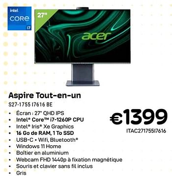 Promoties Acer aspire tout-en-un s27-1755 i7616 be - Acer - Geldig van 01/04/2024 tot 30/04/2024 bij Compudeals