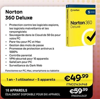 Promotions Norton 360 deluxe - Norton - Valide de 01/04/2024 à 30/04/2024 chez Compudeals