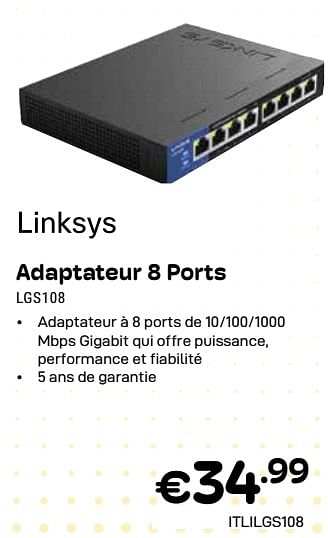 Promoties Adaptateur 8 ports lgs108 - Linksys - Geldig van 01/04/2024 tot 30/04/2024 bij Compudeals