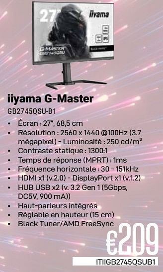 Promoties Iiyama g-master gb2745qsu-b1 - Iiyama - Geldig van 01/04/2024 tot 30/04/2024 bij Compudeals