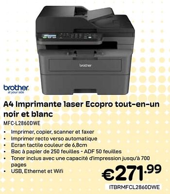 Promoties Brother a4 imprimante laser ecopro tout-en-un noir et blanc mfc-l2860dwe - Brother - Geldig van 01/04/2024 tot 30/04/2024 bij Compudeals