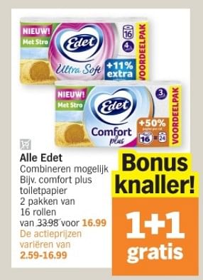 Promoties Alle edet comfort plus toiletpapier - Edet - Geldig van 08/04/2024 tot 14/04/2024 bij Albert Heijn