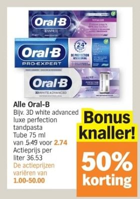 Promotions Alle oral-b 3d white advanced luxe perfection tandpasta - Oral-B - Valide de 08/04/2024 à 14/04/2024 chez Albert Heijn