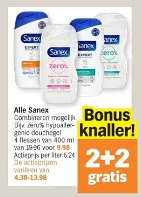 Promoties Alle sanex zero% hypoallergenic douchegel - Sanex - Geldig van 08/04/2024 tot 14/04/2024 bij Albert Heijn