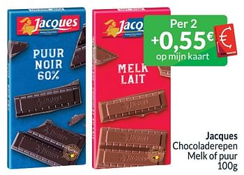 Promotions Jacques chocoladerepen melk of puur - Jacques - Valide de 01/04/2024 à 30/04/2024 chez Intermarche
