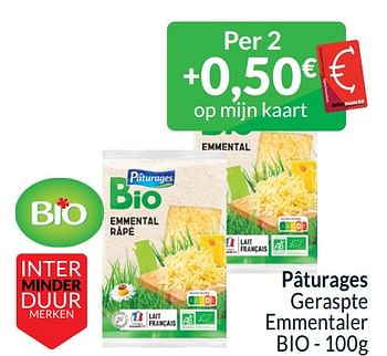 Promotions Pâturages geraspte emmentaler bio - Paturages - Valide de 01/04/2024 à 30/04/2024 chez Intermarche