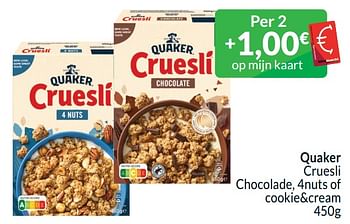 Promoties Quaker cruesli chocolade, 4nuts of cookie+cream - Quaker - Geldig van 01/04/2024 tot 30/04/2024 bij Intermarche