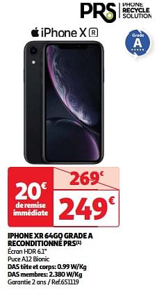 Promotions Apple iphone xr 64go grade a reconditionné prs - Apple - Valide de 03/04/2024 à 16/04/2024 chez Auchan Ronq