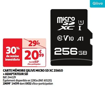 Promoties Carte mémoire qilive micro sd xc 256go + adaptateur sdcarte mémoire qilive micro sd xc 256go + adaptateur sd - Qilive - Geldig van 03/04/2024 tot 16/04/2024 bij Auchan