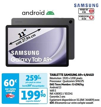 Promoties Tablette samsung a9+ 4-64go - Samsung - Geldig van 03/04/2024 tot 16/04/2024 bij Auchan