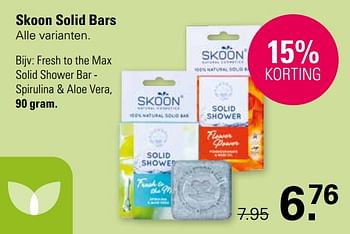 Promotions Fresh to the max solid shower bar spirulina + aloe vera - Skoon - Valide de 03/04/2024 à 20/04/2024 chez De Online Drogist