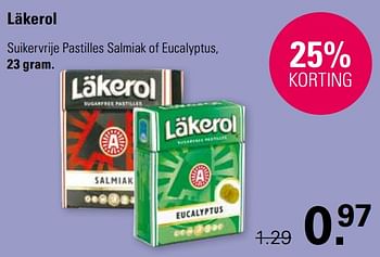 Promotions Suikervrije pastilles salmiak of eucalyptus - Lakerol - Valide de 03/04/2024 à 20/04/2024 chez De Online Drogist